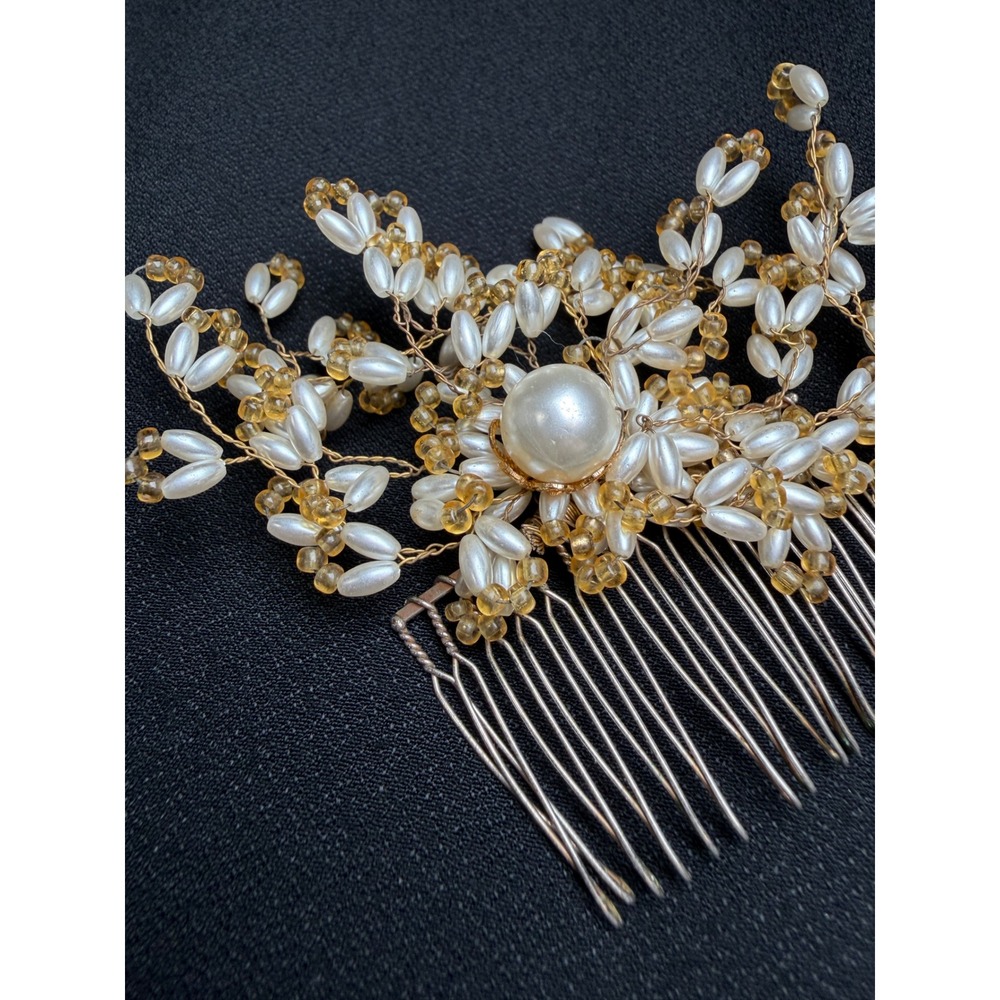 Vintage Pearl and Amber Bead Floral Metal Hair Comb Bridal Wedding Accessory - Picture 4 of 11